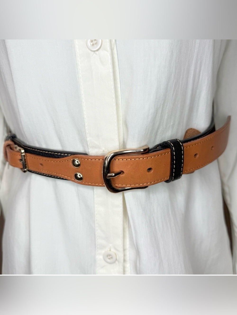 Black brown genuine leather gold tone buckle skinny belt